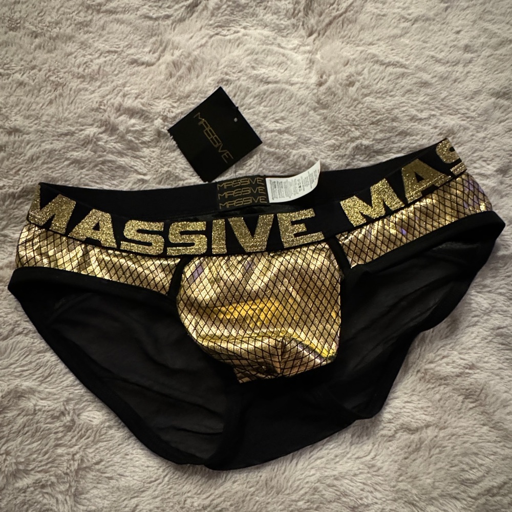 Andrew Christian Gold + Black Mesh Briefs Size Large